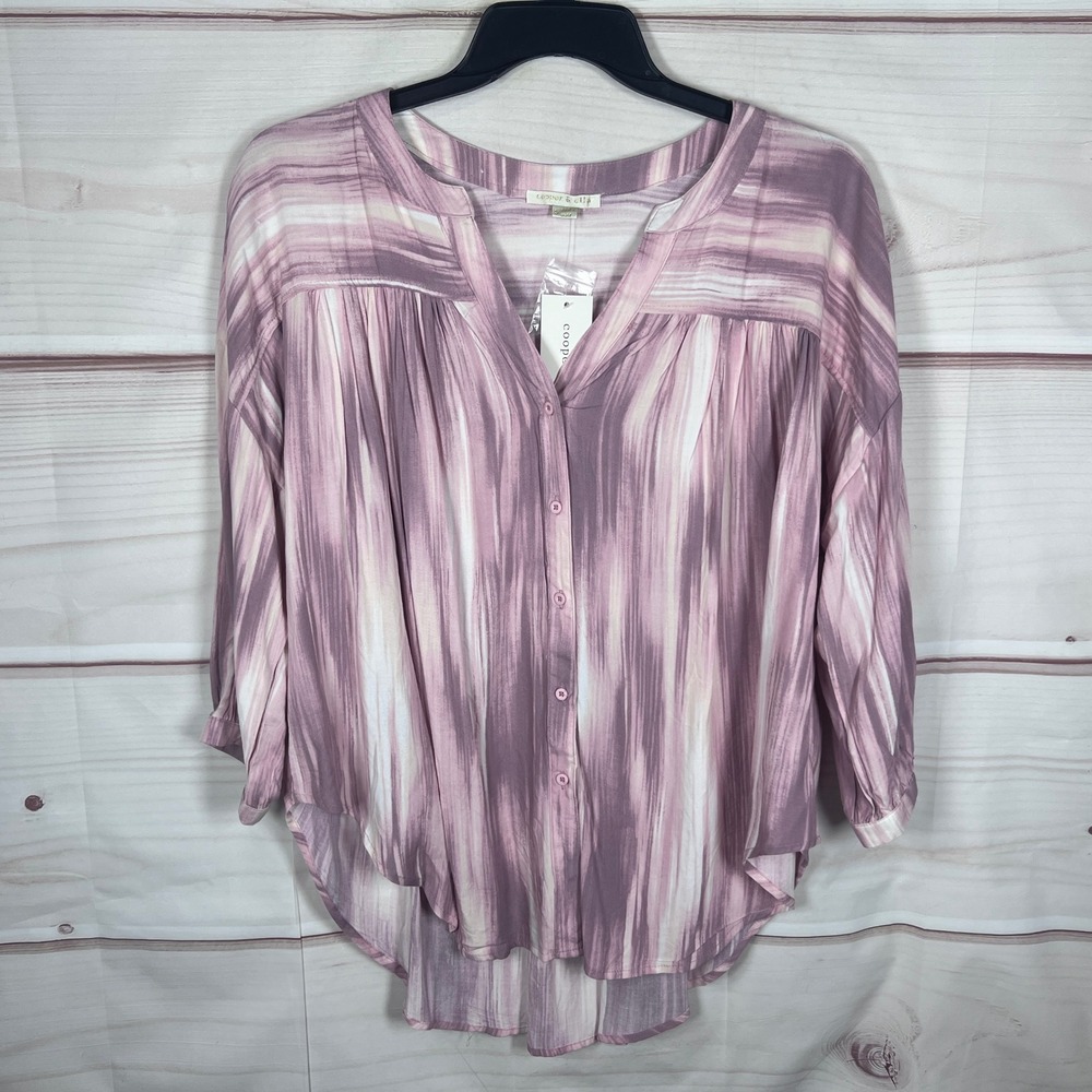 Cooper & Ella Blouse Women 1X Pink Abstract Print Button Front Rayon Long Sleeve